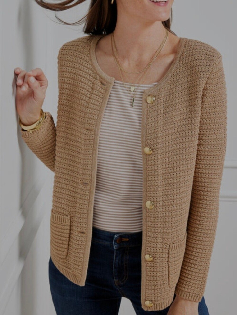 Talbots Cardigan Chunky Sweater Metallic Thread Gold Button Pockets XLP